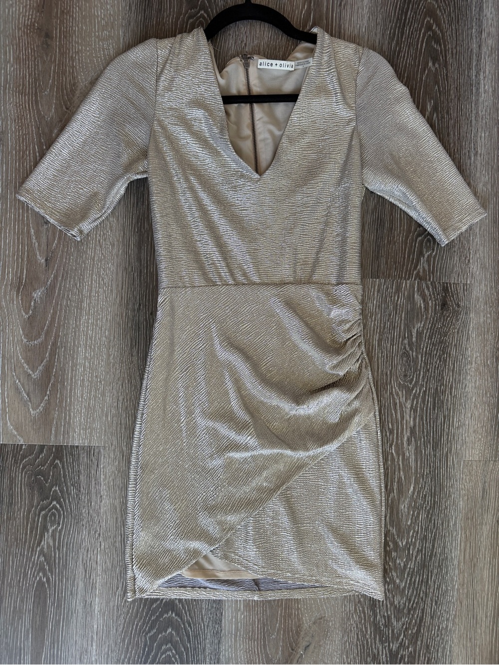 alice + olivia Metallic Silver Ruched V-Neck Mini Dress